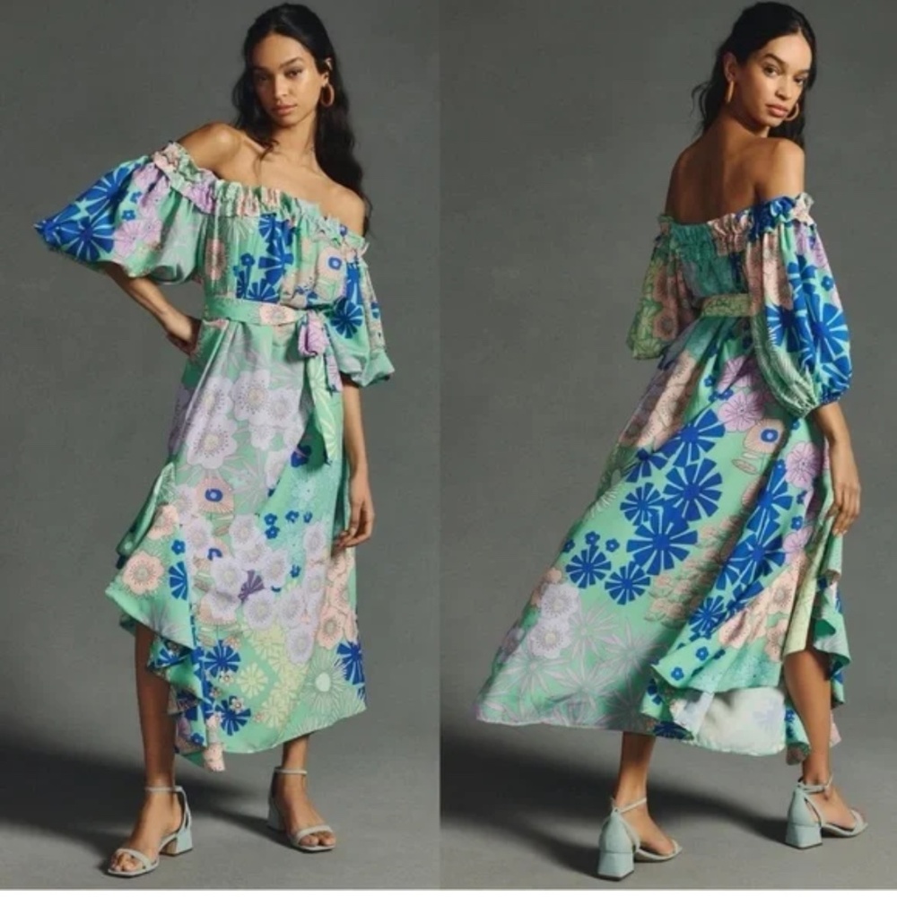 Anthropologie Off the Shoulder Printed Floral Green Motif Dress